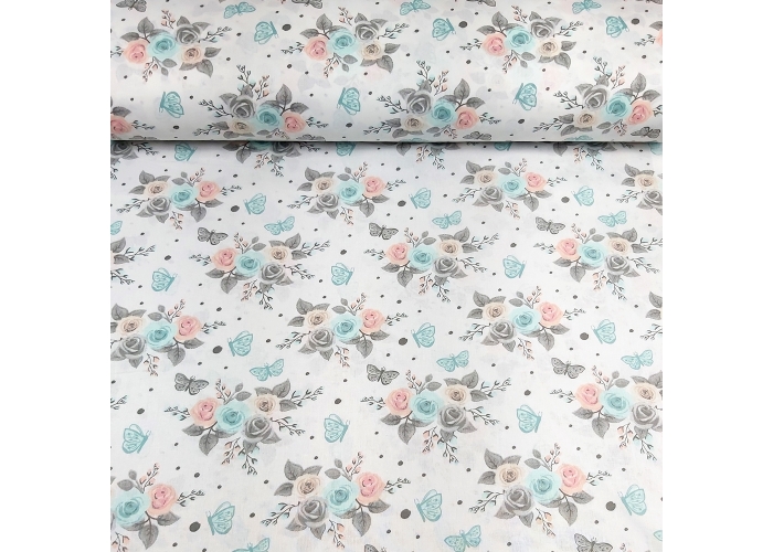 Tkanina bawełniana RÓŻE I MOTYLKI -125g/m²/160cm